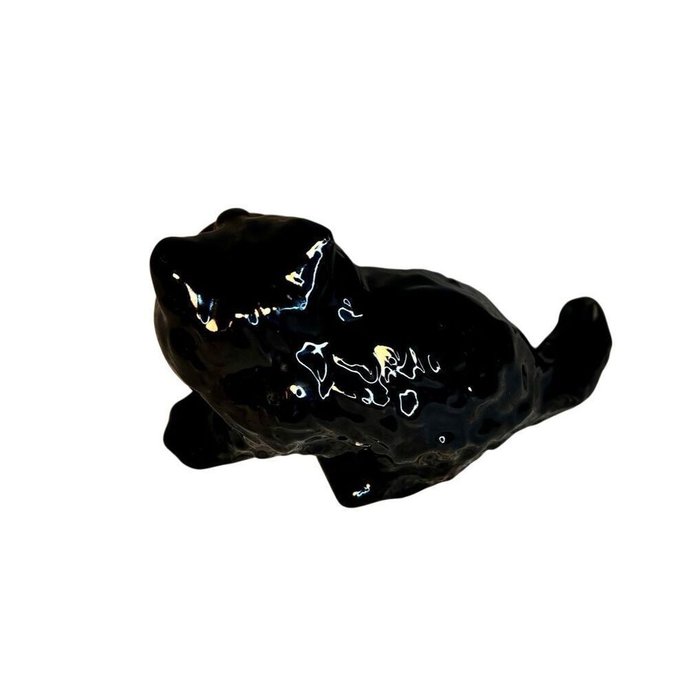 Vintage Glossy Black Cat with Green Eyes Ceramic Figurine Unmarked - Picture 4 of 7